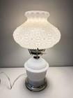 Vintage 17    Milk Glass Hurricane Lamp Hobnail Shade Floral Poppy Base Brass Flaw