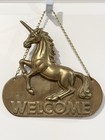 Vintage Brass Metal Unicorn Welcome Sign Hanging Wall Plaque Decor Whimsical