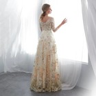 Floral Prom Dresses Lace 3 4 Sleeves Champagne Belt Empire Waist Evening Dress