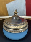 Antique French Opaline Box With Metal Lid     Blue Glass     19th Century