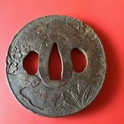 Japanese Tsuba Iron Silver High Relief Inlay Dog Motif Edo Period Antique