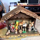 16 Piece Set Vintage Italy Nativity Manger Attached Moss Wood