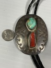 Vintage Navajo Sterling Silver Turquoise Coral Bolo Tie 45 31 Grams 37   