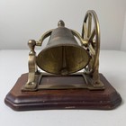 Vintage Solid Brass Nautical Desk Ship Bell Hand Pulley Wheel Wood Base Mantle
