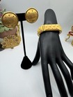 Statement Bold Runway Gold Tone Bracelet Earrings Set Pink Rhinestones Vintage