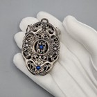 Antique Vinaigrette Perfume Pendant German Silver Repousse Blue Rhinestone Read