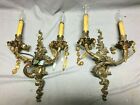 Pair Antique Cast Metal Double Sconce Wall Lights Candelabra Fixtures 829-24b