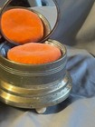 Vintage Round Aluminum Metal Vanity Victorian Couple Powder Puff Music Box