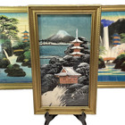 4 Set Lot Vibrant 1950s Vintage Japanese Silk Landscape Paintings Seasons Signed