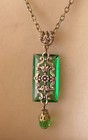 Vintage Necklace Art Nouveau Brass Pendant Antique Green Czech Glass Drop