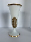 Antique French White Opaline Glass Pedestal Vase Etched Gold Acanthus Leaves