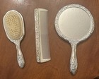 Vintage Vanity Set Silver Plate Hand Mirror Brush Comb 3 Piece Heavy Preowned 