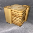 Vintage Light Blonde Oak Drink Coaster Set W stand 8pc Cut Circles 80s Thailand