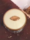 Vintage Vanity Dresser Powder Deco Footed Jar Gold Metal Ribbed Glass Box Lid
