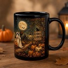 Vintage Halloween Cat Mug  Ghost Cat Coffee Cup  Black Ceramic Mug  Spooky Cat