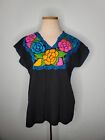 Vintage 70s Mexican Floral Embroidered Peasant Blouse Oaxacan Boho Hippie 40 M L