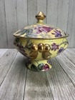 Vtg Chinese Gilding Lidded Trinket Dish 6  Red Stamp Floral Plum Gold Handles