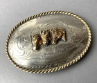 Tex Tan Triple Horse Head Western Belt Buckle Sterling Silver Front Engraved