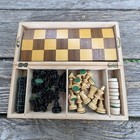 Vintage Chess And Checkers Set Wooden Box Folding Board Carved Pieces W  Germany