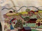 Vintage Finished Crewel Embroidery Farm Scene Animals Farmer Barn Hills Mountain