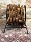 Vintage Mcm Wooden Coaster Set W wire Holding Rack-   keep The Home Fires Burning   