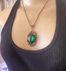 Vintage Necklace Art Nouveau Filigree Floral Pendant Antique Green Czech Glass