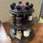 Antique Pin Cushion   Cotton Reel Bobbin Sewing Stand Wooden Rare