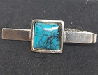 Vintage Silver Tone Faux Turquoise Square Cabochon Tie Bar Clip