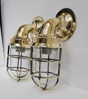 Set Of 4 Vintage Brass Swan-neck Bulkhead Wall Lights - Industrial Cage