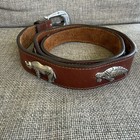Vintage Honest 90 s Silver Animals Embellished Brown Leather Belt W Buckle Sz 36