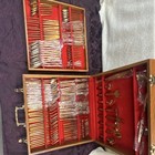 Gold Tone 93pc Metal Flatware Set  Wood Case W  Red Inserts  Service For 12