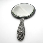 Vtg Silver Plated Vanity Mirror Repousse Scrollwork Cartouche Scallop Bezel 10 