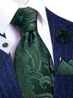Tie Set For Men Paisley Necktie Silk Woven Pocket Square Forest Green