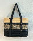 Hand Woven Raffia Tote Bag With Horizontal Stripe Pattern   Black Handles 