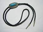 Vintage Navajo Sterling Silver 35mm Turquoise Rock Braided Leather Bolo Tie