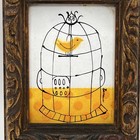 Vintage Signed Enamel On Copper Framed Art Mid Century Bird Cage Canary