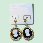 Vintage Gold-plated Black   White Cameo Drop Earrings - For Pierced Ears