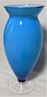 Attractive Light Blue Art Glass Flower Vase With A Clear Base   White Interior
