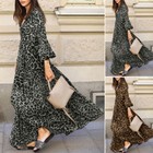 Women s Casual Loose Leopard Print Puff Long Sleeve V Neck Long Maxi Shirt Dress