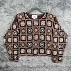 Vtg Womens Crochet Granny Square Sweater Size L Brown Ramie Long Sleeve Top Boho