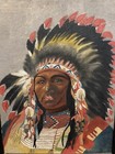 Antique Native American Indian Chief Portrait Painting On Board Gesso Oak Frame