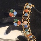 Vintage Scarab Bracelet And Clip On Earrings Set Gold Tone Multi Stone Jewelry