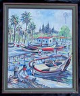 Vintage Coastal Landscape Nautical Oil Painting Boats Architecture Boy Palm Tree