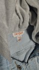 Cat   Jack Blue Denim Hooded Jacket Gray Hood Fringe Buttons Size S  6 7 