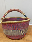 African Bolga Market Basket 15  Across Red Blue Leather Handles Handmade Ghana