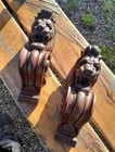 Pair Vintage Hand Carved Wood Lion Head Corbels Fireplace Mantel Shelf Brackets