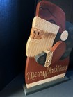 Primitive Merry Christmas Folk Art Painted Wood Old World Santa Shelf Sitter