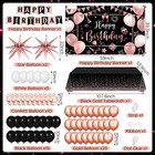 Rose Gold Birthday Party Decorations - 63pc Set With Banner  Backdrop  Balloons 