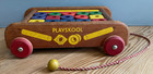 Vintage Playskool Wooden Pull Toy Wagon W  Blocks Cylinders   Rods 21 Pieces