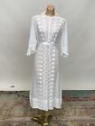 Antique Edwardian White Cotton Tea Dress W  Lace Trim Embroidered Flowers As Is